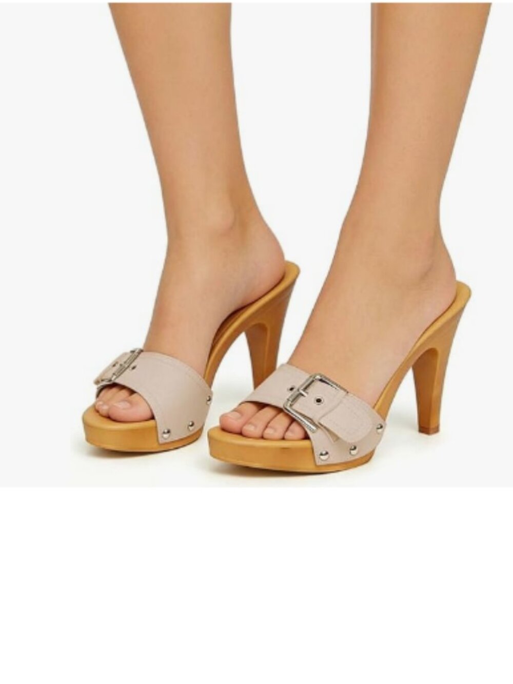 XYD Nude Open Toe Cone High Heel Mules Studded Strap Buckle Slip On Slide Sandal